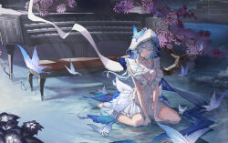 Rule 34 | 1girl, absurdres, armlet, blue butterfly, blue hair, blue veil, breasts, bug, butterfly, chinese commentary, closed mouth, colored eyelashes, commentary request, dress, grand piano, highres, insect, instrument, jewelry, large breasts, light smile, looking at viewer, piano, piano bench, purple eyes, shorekeeper (wuthering waves), shuiqimu, sitting, sleeveless, sleeveless dress, solo, two-tone veil, veil, wariza, white dress, white veil, wuthering waves
