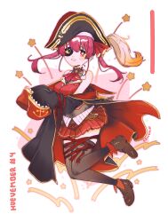 1girl anchor_symbol belt black_thighhighs blush boots breasts brown_boots coat commentary english_commentary eyepatch full_body hat highres hololive houshou_marine houshou_marine_(1st_costume) leotard leotard_under_clothes looking_at_viewer off_shoulder open_clothes open_coat pirate_hat pleated_skirt red_eyes red_hair red_ribbon red_skirt renkkai ribbon skirt sleeveless sleeves_past_fingers sleeves_past_wrists star_(symbol) thighhighs twintails virtual_youtuber