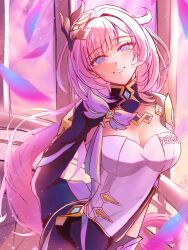 1girl black_shorts blue_eyes breasts cleavage commentary_request corset elysia_(honkai_impact) elysia_(miss_pink_elf)_(honkai_impact) falling_petals hair_ornament highres honkai_(series) honkai_impact_3rd large_breasts long_hair looking_at_viewer petals pink_hair pink_pupils pink_sky runokan shorts shrug_(clothing) sky smile solo white_corset