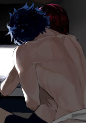Rule 34 | 2boys, back, back focus, backlighting, black hair, black shorts, computer, ensemble stars!, from behind, front-to-back, geetasdog, highres, hug, hug from behind, indoors, male focus, monitor, multiple boys, night, red hair, saegusa ibara, sazanami jun, short hair, shorts, sitting, spread legs, upper body, very short hair, yaoi