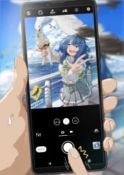 1girl ahoge bird blue_bow blue_bowtie blue_eyes blue_hair blurry blurry_background bow bowtie bridge cellphone cellphone_photo cloud contrail crepe day food foreshortening grey_skirt highres holding holding_crepe holding_phone make_heroine_ga_oo_sugiru! medium_hair motion_blur ocean open_mouth outdoors phone pleated_skirt pov pov_hands railing school_uniform seagull shirt sign skirt sky smartphone solo_focus summer_uniform suspension_bridge taking_picture tiasphoenix v viewfinder white_shirt yanami_anna yellow_bow yellow_bowtie