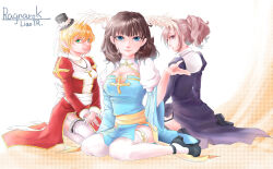 3girls arch_bishop_(ragnarok_online) artist_name back_bow black_hat black_shoes blonde_hair blue_dress blue_eyes bow breasts brown_eyes brown_hair chinese_commentary cleavage cleavage_cutout closed_mouth clothing_cutout commentary_request copyright_name cross cross_necklace dress feathered_wings frilled_thigh_strap full_body garter_straps green_eyes hat head_wings high_ponytail high_priest_(ragnarok_online) jewelry juliet_sleeves liao_(slight0825) long_sleeves looking_at_viewer looking_back medium_breasts mini_hat mini_top_hat multiple_girls necklace orange_background pointy_ears ponytail priest_(ragnarok_online) puffy_sleeves purple_dress ragnarok_online red_dress sash seiza shoes short_hair sitting smile thigh_strap thighhighs top_hat two-tone_dress wariza white_background white_bow white_dress white_sash white_thighhighs white_wings wings yellow_bow yellow_sash