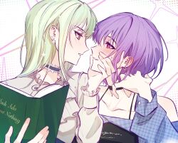 2girls absurdres bang_dream! bang_dream!_it&#039;s_mygo!!!!! black_choker blush chinese_commentary choker commentary_request ear_blush earrings eye_contact frilled_choker frills grabbing_another&#039;s_face green_hair grey_shirt head_grab hero45439083942 highres jewelry long_hair looking_at_another multiple_girls open_mouth plaid_clothes plaid_shirt purple_eyes shirt short_hair sidelocks sparkle sweatdrop wakaba_mutsumi yellow_eyes yuri yuutenji_nyamu