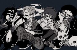 Rule 34 | 4boys, :d, :o, abinofa, akune rindo, arima seigen, arms on knees, asymmetrical bangs, baggy pants, beret, blue background, chain, chain necklace, clenched hands, combat knife, curtained hair, desperado-004, earrings, expressionless, film grain, fingernails, fire, full body, fur hat, glasses, greyscale with colored background, gun, hair over one eye, hands on own cheeks, hands on own face, hat, head tilt, high tops, highres, holding, holding gun, holding knife, holding weapon, hood, hoodie, hoop earrings, hypnosis mic, hypnosis mic: rule the stage, jacket, jewelry, jikuuin joubu, jitome, jumpsuit, knee up, knees up, knife, leggings under shorts, lineup, long sleeves, looking at viewer, looking to the side, loose socks, male focus, medium hair, mullet, multicolored hair, multiple boys, multiple necklaces, multiple rings, nail polish, narrowed eyes, necklace, off shoulder, open mouth, pants, parted bangs, pinky out, raised eyebrows, ring, round eyewear, shirt, shoes, short hair, shorts, side-by-side, sitting, skull, sleeveless, sleeveless jacket, smile, smoke, smoking barrel, sneakers, socks, streaked hair, striped clothes, striped shirt, stud earrings, sweater, swept bangs, ushanka, wavy hair, weapon, yagasaki ibuki