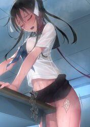 1girl bdsm black_hair black_skirt blue_neckerchief breasts closed_eyes collar cropped_shirt crotch_rub female_masturbation highres indoors large_breasts leash long_hair masturbation midriff miniskirt murakami_suigun navel neckerchief no_panties open_mouth original school_uniform serafuku shirt skirt slave solo table_humping white_shirt