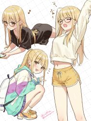 1girl backpack bag bare_legs black_shirt blush closed_eyes closed_mouth dolphin_shorts downblouse fujita_kotone gakuen_idolmaster glasses grid_background highres hoshinopurin idolmaster looking_at_viewer lying musical_note navel on_stomach open_mouth oversized_clothes oversized_shirt shirt shorts simple_background squatting stretching sweater t-shirt text_messaging twitter_username v variations white_sweater yawning yellow_shorts