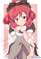 Rule 34 | 1girl, apron, black bow, black thighhighs, blush, border, bow, closed mouth, crossed legs, curly hair, dated, hair bow, happy birthday, head rest, highres, looking at viewer, love live!, love live! school idol project, maid, maid apron, mogyutto &quot;love&quot; de sekkin chuu!, nishikino maki, official alternate costume, outside border, purple eyes, red hair, sen (sen0910), short sleeves, sitting, smile, solo, thighhighs, white apron, white border