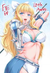 1girl ;p arm_behind_head armor armpits bikini_armor blonde_hair blue_eyes blush bow breasts charlotte_(fire_emblem) cleavage finger_to_mouth fire_emblem fire_emblem_fates hair_bow hand_on_own_chest highres large_breasts legs long_hair looking_at_viewer naughty_face navel nintendo one_eye_closed panties pauldrons shoulder_armor smile solo stomach thighs tongue tongue_out underwear wavy_hair white_bow white_panties
