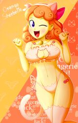 1girl absurdres animal_ears blush bow bra breasts cat_cutout cat_ears cat_lingerie cat_tail character_name cleavage cleavage_cutout clothing_cutout fangs hair_bow hasbro highres lingerie looking_at_viewer meme_attire my_little_pony my_little_pony:_equestria_girls my_little_pony:_friendship_is_magic navel neck_bell one_eye_closed open_mouth orange_sherbette panties side-tie_panties smile tail the-butch-x thighhighs thighs underwear wink