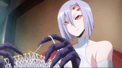 10s 1girl animated animated_gif arachne arthropod_girl extra_eyes female_focus insect_girl knitting monster_girl monster_musume_no_iru_nichijou rachnera_arachnera red_eyes short_hair smile solo spider_girl taur