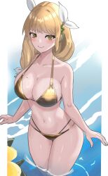 1girl bikini blush braid braided_ponytail breasts brown_hair cleavage fire_emblem fire_emblem_engage gold_bikini goldmary_(fire_emblem) hair_ribbon highres large_breasts long_hair looking_at_viewer mole mole_on_breast navel nintendo ribbon smile solo stomach swimsuit tarutaru193 white_ribbon yellow_eyes