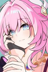 2girls black_gloves blue_eyes cyrene_(honkai:_star_rail) f_xi gloves hair_ribbon highres honkai:_star_rail honkai_(series) jewelry looking_at_viewer multiple_girls necklace pink_hair pink_pupils ribbon smile stelle_(honkai:_star_rail) trailblazer_(honkai:_star_rail) white_ribbon