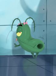 1boy antennae anus bow colored_sclera commentary gaping highres implied_erection implied_yaoi male_focus pink_bow plankton plankton_(spongebob) red_eyes shadow shengtian solo spongebob_squarepants_(series) tongue tongue_out yellow_sclera