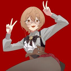 1girl absurdres bow bowtie brown_corset brown_eyes brown_hair brown_shirt clio_aite corset glasses highres lab_dark phase_connect shirt skindentation sweat v