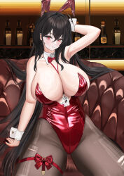 1girl absurdres animal_ear_hairband animal_ears azur_lane between_breasts black_hair bow bowtie breasts brown_leotard center_opening cleavage fake_animal_ears hair_between_eyes hairband highres huge_breasts id_card indoors lanyard leotard long_hair looking_at_viewer nail_polish official_alternate_costume pantyhose playboy_bunny rabbit_ear_hairband rabbit_ears red_bow red_bowtie red_eyes red_leotard red_nails sitting solo strap_between_breasts strapless strapless_leotard taihou_(azur_lane) taihou_(fun_on_the_baize)_(azur_lane) thigh_bow torn_clothes torn_pantyhose undersized_breast_cup very_long_hair white_wrist_cuffs wrist_cuffs zbfmkc