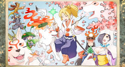 3boys 4girls amaterasu_(ookami) autumn_leaves blonde_hair brush cape chibiterasu closed_eyes full_body geta hat heart highres himiko_(ookami) hood issun japanese_clothes kai_(ookami) leaf lika long_hair mask minimaru multiple_boys multiple_girls oki okikurumi_(ookami) ookami_(game) pom_pom_(clothes) ponytail rao short_hair smile sword tattoo tengu-geta tsuzurao ushiwakamaru_(ookami) weapon wolf