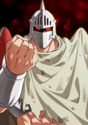 Rule 34 | 1boy, abs, armor, artist request, biceps, clenched hand, cloak, helmet, highres, kinnikuman, large pectorals, looking at viewer, manly, muscular, pectorals, red eyes, robin mask, shaded face, sky, solo, wrestling, wrestling outfit