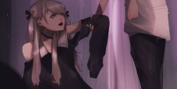 Rule 34 | 1boy, 1girl, aegyo sal, black choker, black dress, black pants, blonde hair, blood, blood on hands, bruise, choker, clenched hand, cross, cross earrings, curtains, domestic violence, dress, earrings, eyelashes, grabbing another&#039;s arm, grey eyes, hair ribbon, highres, indoors, injury, jewelry, latin cross, lipstick, long hair, looking at another, looking up, makeup, mano aaa, nosebleed, off-shoulder dress, off shoulder, open mouth, original, pants, red lips, ribbon, shirt, sleeves past fingers, sleeves past wrists, standing, swept bangs, white shirt