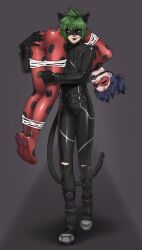1boy 1girl absurdres adrien_agreste animal_ears bdsm black_lips blue_hair bodysuit bondage bound cat_ears claw_noir defeat defeated_heroin earrings gag gagged green_hair hand_on_another&#039;s_butt highres jewelry keiori_(keiorix) kidnapping ladybug_(character) marinette_dupain-cheng mask miraculous_ladybug purple_eyes short_hair twintails