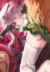 Rule 34 | 2girls, alternate costume, black gloves, black horns, blonde hair, bright pupils, clothes lift, commentary, dress, dress lift, english commentary, gloves, green dress, hair between eyes, hand up, highres, honkai (series), honkai impact 3rd, horns, jacket, long hair, looking at another, multiple girls, nyeppu, panties, panties around leg, parted lips, purple eyes, pussy juice, pussy juice trail, red jacket, side horns, small horns, smile, songque, thelema nutriscu, thighhighs, thighs, underwear, white hair, white panties, white pupils, white thighhighs