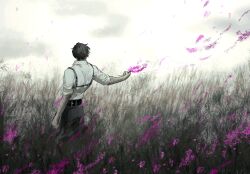 1boy belt brown_hair chanil_(muexlku) chest_harness cloud cloudy_sky collared_shirt cowboy_shot flower grass harness heathcliff_(project_moon) highres holding holding_flower hyacinth limbus_company looking_afar looking_at_flowers male_focus pants petals project_moon purple_flower shirt short_hair sky sleeves_rolled_up solo tall_grass white_shirt