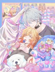 Rule 34 | 2boys, antenna hair, arm tattoo, black choker, black shirt, blonde hair, blue eyes, braid, candy, character doll, chimera (honkai: star rail), choker, commentary request, dog, doll, facial tattoo, food, gradient hair, hair between eyes, hand on another&#039;s head, highres, holding, holding candy, holding food, holding lollipop, honkai: star rail, honkai (series), jacket, leaning on person, lollipop, male focus, medium hair, multicolored hair, multiple boys, mydei (honkai: star rail), neck tattoo, one eye closed, parted bangs, phainon (honkai: star rail), phainon (khaslana) (honkai: star rail), phainon (vigethos) (honkai: star rail), pink jacket, red hair, red tattoo, saket2024, shirt, short hair, side braid, sun symbol, sun tattoo, sweets, tan, tattoo, watch, white hair, wristwatch, yaoi, yellow eyes