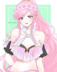 1girl bare_shoulders bikini blush braid breasts cleavage fire_emblem fire_emblem_awakening fire_emblem_heroes flower gradient_bikini hair_ornament hairband highres large_breasts long_hair looking_at_viewer navel nintendo off-shoulder_bikini off_shoulder official_alternate_costume olivia_(fire_emblem) olivia_(summer)_(fire_emblem) open_mouth pink_bikini pink_hair ponytail purple_eyes sayaka_(fe_uma274) smile solo stomach swimsuit twin_braids upper_body white_bikini