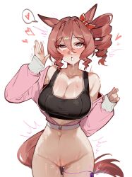 1girl ahegao animal_ears baobao771100 blush blussh bow breasts brown_hair cleavage collarbone commentary drill_hair ear_bow grey_eyes hair_between_eyes hand_up heart highres horse_ears horse_girl horse_tail jacket large_breasts norn_ace_(umamusume) object_insertion pink_jacket red_bow sex_toy short_hair side_ponytail simple_background solo spoken_heart sweat symbol-only_commentary tail umamusume umamusume:_cinderella_gray vaginal vaginal_object_insertion vibrator white_background