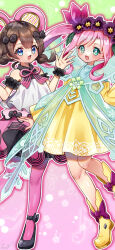 Rule 34 | 2girls, ankle bow, ankle ribbon, arm scrunchie, black bow, black scrunchie, blue eyes, blush, boots, bow, braid, brown hair, dosolfachord cutia, dress, duel monster, fairy, fairy wings, flower, flower on head, green eyes, hair between eyes, homi28, long hair, looking at viewer, multiple girls, open mouth, pantyhose, pink hair, pink pantyhose, ribbon, rikka queen strenna, scrunchie, sheet music, smile, twin braids, twitter username, wings, wrist scrunchie, yellow boots, yellow dress, yu-gi-oh!