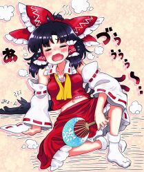 1girl =_= absurdres ascot black_hair bow breasts camisole carbohydrate_(asta4282) cat closed_eyes collarbone detached_sleeves frilled_bow frilled_camisole frilled_skirt frills hair_tubes hakurei_reimu hand_fan highres kaenbyou_rin kaenbyou_rin_(cat) medium_breasts medium_hair midriff navel necktie no_shoes orange_background pink_camisole red_bow red_ribbon red_skirt ribbon sitting skirt socks steaming_body sweat sweatdrop touhou undone_necktie watermark white_socks yellow_ascot