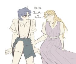 1boy 1girl blonde_hair blue_hair blush couple erina_pendleton happy jojo_no_kimyou_na_bouken jonathan_joestar long_hair smile white_background