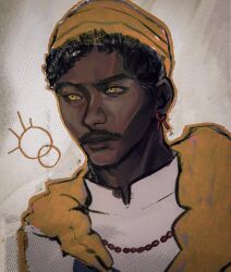 1boy african_clothes black_hair commentary dark-skinned_male dark_skin earrings facial_hair fear_&amp;_hunger fear_&amp;_hunger_2:_termina fur_trim grey_background hat highres jewelry lazeuli male_focus mustache necklace o&#039;saa_(fear_&amp;_hunger) portrait shirt short_hair sigil solo white_shirt yellow_eyes yellow_hat