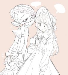1girl blush bonnet bow choker closed_mouth dress gardevoir gen_3_pokemon han0579 headdress highres holding long_hair long_sleeves nintendo open_mouth pokemon pokemon_(creature) simple_background smile speech_bubble