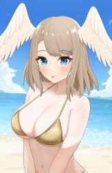 1girl absurdres beach bikini blue_eyes breasts brown_hair eunie_(xenoblade) gold_bikini golden_week head_wings highres keaworks large_breasts looking_at_viewer medium_hair navel ocean smile solo swimsuit tongue tongue_out water white_wings wings xenoblade_chronicles_(series)