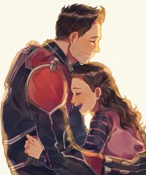 1boy 1girl animification ant-man ant-man_(film) ant-man_(movie) bad_id bad_pixiv_id bodysuit brown_hair cassie_lang closed_eyes cowlick father_and_daughter helmet hetero highres hug long_hair marvel marvel_cinematic_universe qin_(7833198) scott_lang shirt short_hair smile striped_clothes striped_shirt superhero_costume unworn_headwear unworn_helmet