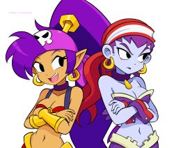 2girls artist_name bandana collar colored_skin commentary crossed_arms dark-skinned_female dark_skin earrings english_commentary gold_bracer hair_tubes highres hoop_earrings jewelry long_hair multiple_girls navel open_mouth pointy_ears ponytail print_bandana purple_bandana purple_collar purple_hair purple_skin red_bandana risky_boots shantae shantae_(series) simple_background skull_print teeth upper_teeth_only vinny_(dingitydingus) white_background