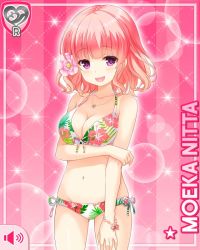 1girl bikini bracelet breasts card character_name female_focus flower girlfriend_(kari) hair_flower hair_ornament holding_own_arm jewelry large_breasts looking_at_viewer necklace nitta_moeka official_art open_mouth pink_hair purple_eyes qp:flapper short_hair smile solo swimsuit tagme