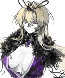 Rule 34 | 1girl, alternate costume, blonde hair, breasts, dress, hair between eyes, koumajou densetsu, koumajou densetsu 2, large breasts, long hair, purple dress, purple eyes, sketch, smile, solo, touhou, upper body, xian qishui, yakumo yukari