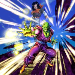 2boys android_17 anger_vein black_hair colored_skin dragon_ball dragon_ball_legends green_skin ki_blast multiple_boys muscular muscular_male official_art piccolo serious