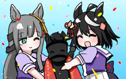 2girls ahoge aramori_susumu black_hair blue_eyes blunt_bangs blush chrono_genesis_(umamusume) closed_mouth commentary_request confetti croix_du_nord_(racehorse) grey_hair hair_between_eyes hair_ornament highres horse kitasan_black_(umamusume) long_hair medium_hair multiple_girls real_life simple_background smile tears tokyo_yushun umamusume