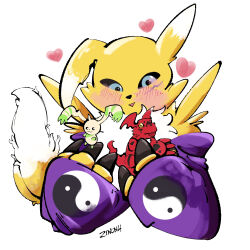 Rule 34 | blush, digimon, digimon (creature), digital hazard, guilmon, happy, heart, highres, horns, long hair, looking at another, renamon, smile, terriermon, white fur, yellow fur, yin yang, zinonu