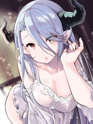 blue_hair breasts brown_eyes commentary draph granblue_fantasy hair_ornament hair_over_one_eye highres horns izmir large_breasts lingerie long_hair morning nino_(shira) pointy_ears see-through_clothes solo underwear very_long_hair