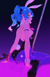 1girl animal_ear_hairband animal_ears arm_strap arm_support ass backless_leotard black_leotard black_shoes blue_eyes blue_hair blue_pantyhose bound bound_wrists bow bowtie breasts commentary detached_collar facial_mark fake_animal_ears fishnet_pantyhose fishnets from_behind hair_bow hair_ornament hairband hatsune_miku hectorrambito high_heels highres leotard looking_at_viewer looking_back median_furrow pantyhose playboy_bunny pole rabbit_ear_hairband rabbit_ears rabbit_hole_(vocaloid) rabbit_tail shoes single_handcuff sitting small_breasts solo stripper_pole tail twintails vocaloid wariza x_hair_ornament