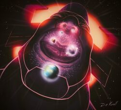 1boy absurdres artist_name commentary earth_(planet) english_commentary facial_hair fake_horns from_below galactus giant giant_male helmet highres horned_helmet horns koralldiz male_focus mars_(planet) marvel motion_blur nose_hair planet saturn_(planet) solo space star_(sky) sun upper_body what white_facial_hair