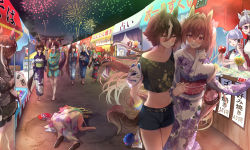 6+girls aerial_fireworks agnes_digital_(umamusume) agnes_tachyon_(umamusume) bamboo_memory_(umamusume) bare_shoulders blush bow collarbone commentary_request crater daitaku_helios_(umamusume) daiwa_scarlet_(umamusume) ear_bow fireworks food gold_ship_(umamusume) hair_between_eyes hair_intakes hand_fan highres holding_hands horse_girl inari_one_(umamusume) low_ponytail matikanefukukitaru_(umamusume) meisho_doto_(umamusume) mejiro_mcqueen_(umamusume) mejiro_palmer_(umamusume) meme messy_hair midriff multiple_girls navel night off_shoulder oguri_cap_(umamusume) open_mouth outdoors paper_fan poco. ponytail seigaiha shadow shaved_ice short_shorts shorts sidelocks smirk standing summer_festival super_creek_(umamusume) symboli_rudolf_(umamusume) taking_picture tamamo_cross_(umamusume) tanino_gimlet_(umamusume) tokai_teio_(umamusume) translation_request umamusume vodka_(umamusume) yamcha_pose_(meme)