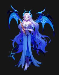 Rule 34 | 1girl, absurdres, alternate costume, bare shoulders, black background, blue dress, blue eyes, blue horns, blue wings, braid, breasts, bright pupils, choker, closed mouth, collarbone, curtained hair, demon girl, demon horns, demon tail, demon wings, detached sleeves, dress, earrings, elsword, facial mark, floating headgear, flute, forehead mark, full body, hair flaps, half up braid, headgear, high heels, highres, holding, holding flute, holding instrument, horns, instrument, ishtar (elsword), jewelry, korean commentary, layered dress, long dress, long hair, long sleeves, looking at viewer, luciela r. sourcream, medium breasts, nt 0803, parted bangs, pointy ears, shoes, simple background, sleeves past wrists, smile, solo, standing, star-shaped pupils, star (symbol), strapless, strapless dress, symbol-shaped pupils, tail, two-tone dress, very long hair, wavy hair, white choker, white dress, white hair, white pupils, white shoes, wings