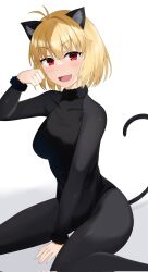 1girl alternate_costume animal_ears arcueid_brunestud arcueid_brunestud_(monster_cat) black_bodysuit blush bodysuit breasts cat_ears cat_girl fake_animal_ears fake_tail fang highres kagetsu_tooya large_breasts leotard looking_at_viewer mooru official_alternate_costume on_floor paw_pose red_eyes tail tsukihime tsukihime_(remake)