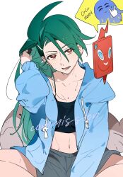 Rule 34 | 1girl, clodsire, collarbone, cropped shirt, earrings, geetasdog, gen 4 pokemon, grey hair, highres, jewelry, long hair, midriff, navel, nintendo, open clothes, open mouth, pokemon, pokemon sv, red eyes, rika (pokemon), rotom, rotom phone, shorts, simple background, solo, white background