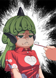 Rule 34 | 1girl, clenched teeth, cloud print, curly hair, fuuzasa, green eyes, green hair, highres, horns, kariyushi shirt, komainu, komainu ears, komano aunn, red shirt, scowl, shirt, single horn, teeth, toothbrush, toothpaste, touhou