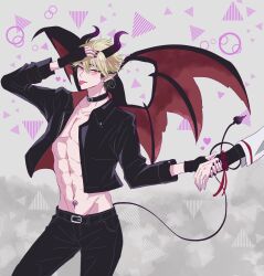 2boys :p abs alternate_costume belt black_belt black_choker black_gloves black_hair black_jacket black_nails black_pants black_shirt blonde_hair blush bracelet chinese_knot choker collarbone demon_boy demon_horns demon_tail demon_wings ear_piercing earrings fingerless_gloves gloves groin hand_on_own_head heart highres holding_hands horns jacket jewelry leather leather_jacket looking_at_viewer male_focus multicolored_hair multiple_boys nail_polish navel open_clothes open_jacket pants pectorals piercing pointy_ears pomp0727 pubic_tattoo red_wings shiguang_dailiren shirt short_hair smile solo_focus stomach tail tassel tattoo tongue tongue_out twitter_username white_shirt wings xia_fei xiao_weiying yellow_eyes